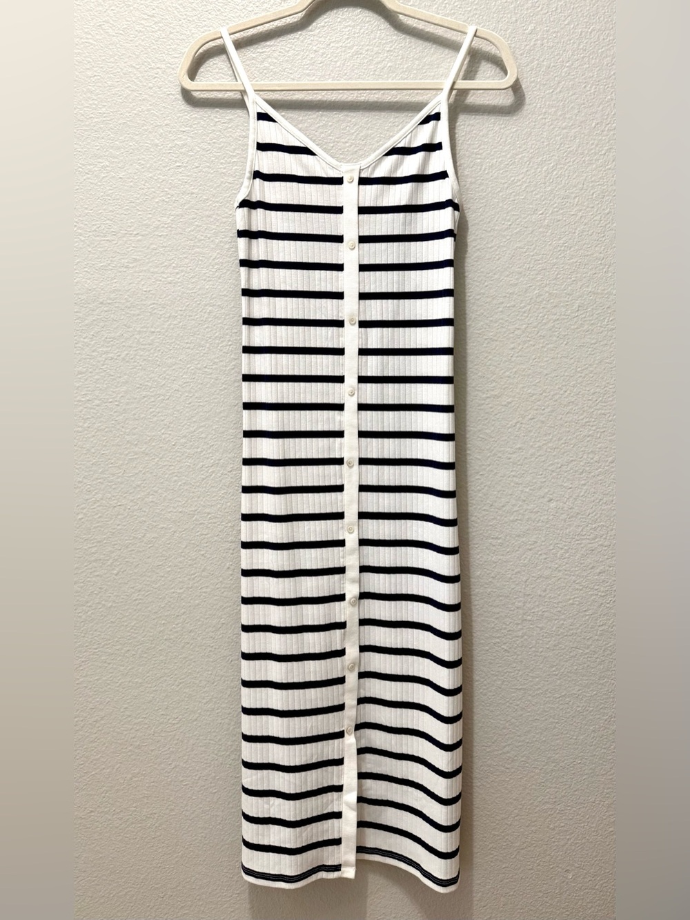 Aerie Coastal Chic Ribbed Midi Dress White Navy Stripe Size M NWOT